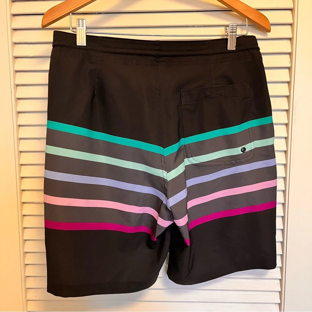 NWT Old Navy Black Board Shorts with Teal, Mint & Pink Stripes